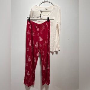 Soma Red Pajama Pants with White Tree Design and Cream Top